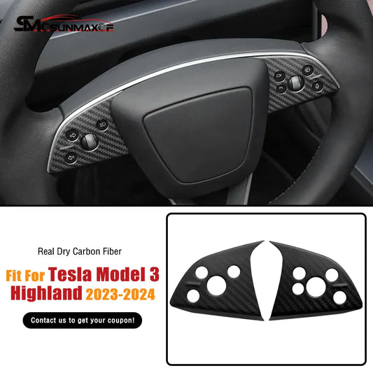 Real Forged Carbon Fiber Steering Wheel Trim Cover Car Interior Accessories For 2024 Tesla Model 3 Highland