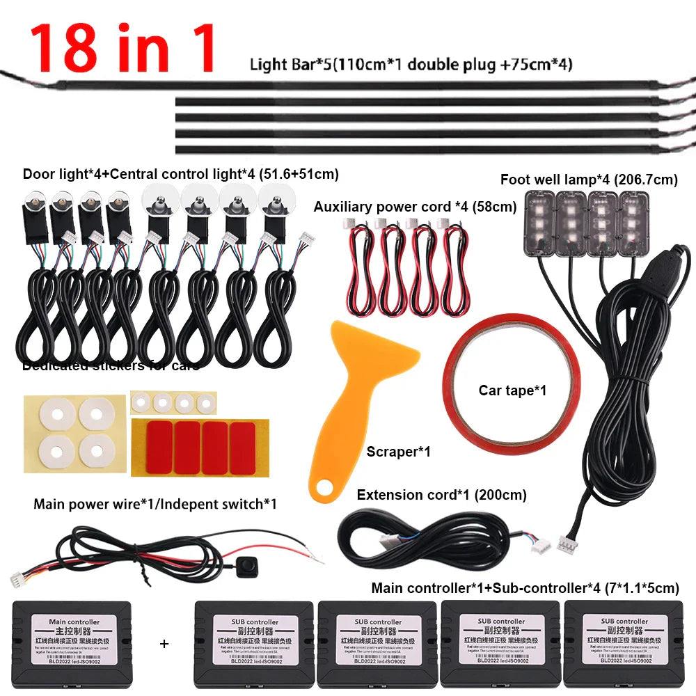 14 in 1 RGB LED Atmosphere Car Light Interior Decoration Fiber Strip Light By App Control Decorative Ambient Lamp Dashboard Lamp