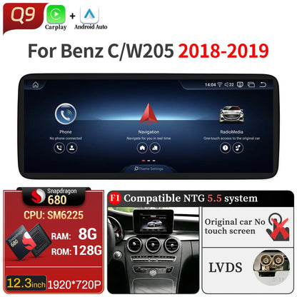 For Mercedes Benz C-Class W205 S205 2018-2020 12.3inch Car Radio Android 14 Wireless Carplay Snapdragon 680 SM6225 Touch Screen