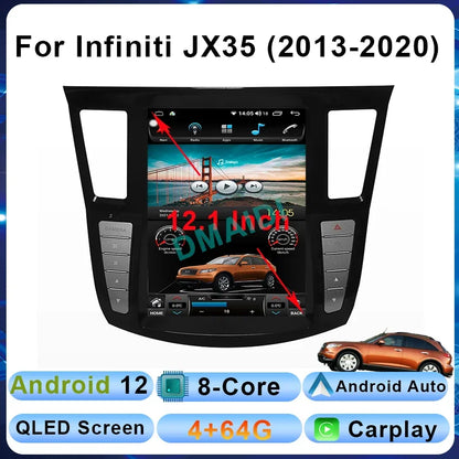 12.1" Tesla Style Vertical Screen Android 12 GPS Navigation Wireless Carpla Video Player For Infiniti JX35 2013-2020y Blue-tooth