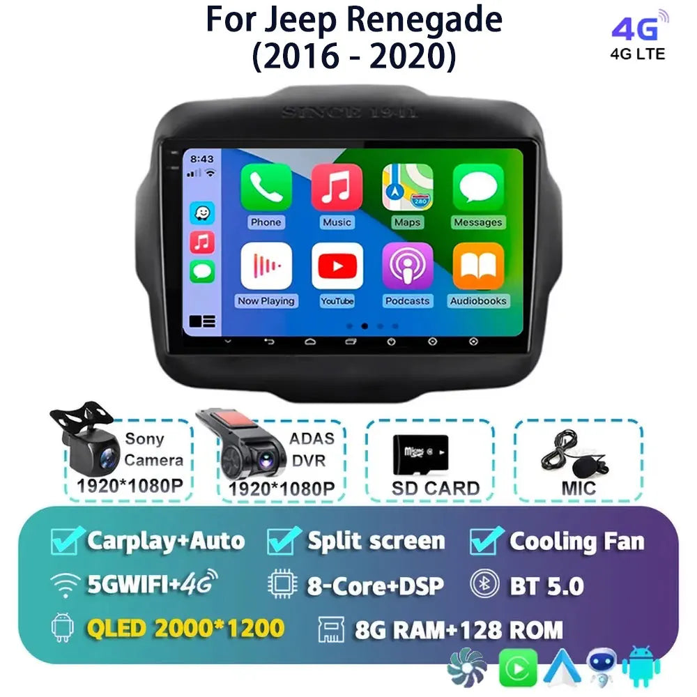 Android 14 For Jeep Renegade 2016 - 2020 2K QLED Android Car Radio Multimedia Video Player GPS AI Voice CarPlay 4G Stereo