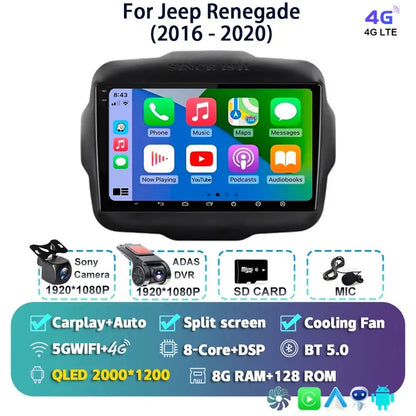 Android 14 For Jeep Renegade 2016 - 2020 2K QLED Android Car Radio Multimedia Video Player GPS AI Voice CarPlay 4G Stereo
