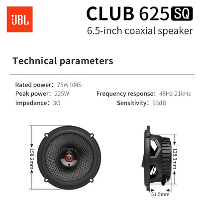 JBL Car Audio Speaker 6.5-inch CLUB 625SQ Coaxial Speaker Treble Subwoofer Full Band Stereo Surround Speaker