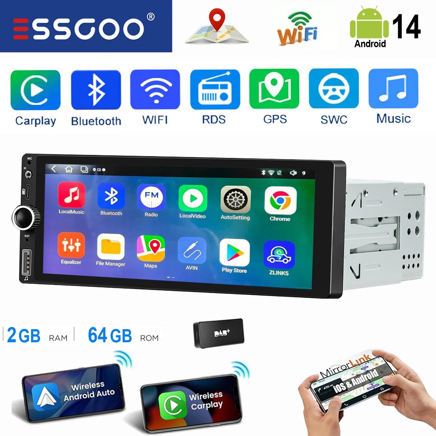 ESSGOO 6.86" Android 14 4+64G Universal Single DIN Car Stereo Radio CarPlay Android Auto BT USB SWC Wifi FM GPS Navi Mirror link