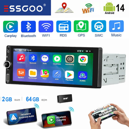 ESSGOO 6.86" Android 14 4+64G Universal Single DIN Car Stereo Radio CarPlay Android Auto BT USB SWC Wifi FM GPS Navi Mirror link