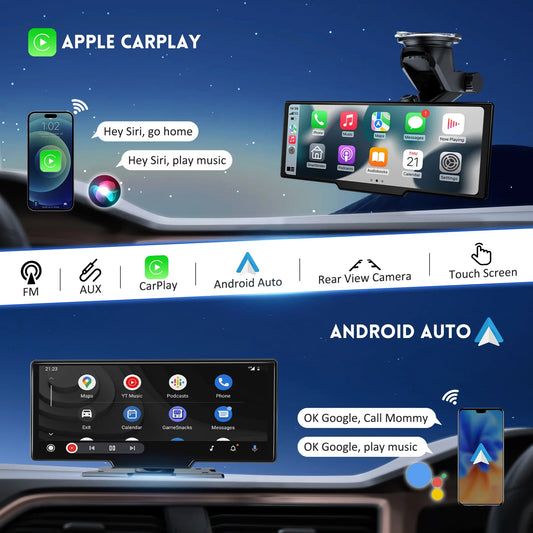 Wireless BT Car Audio Stereo Player Portable Carplay Screen with 4K Dash Cam  10" HD IPS Carplay&Android Auto Screen Mirror Link