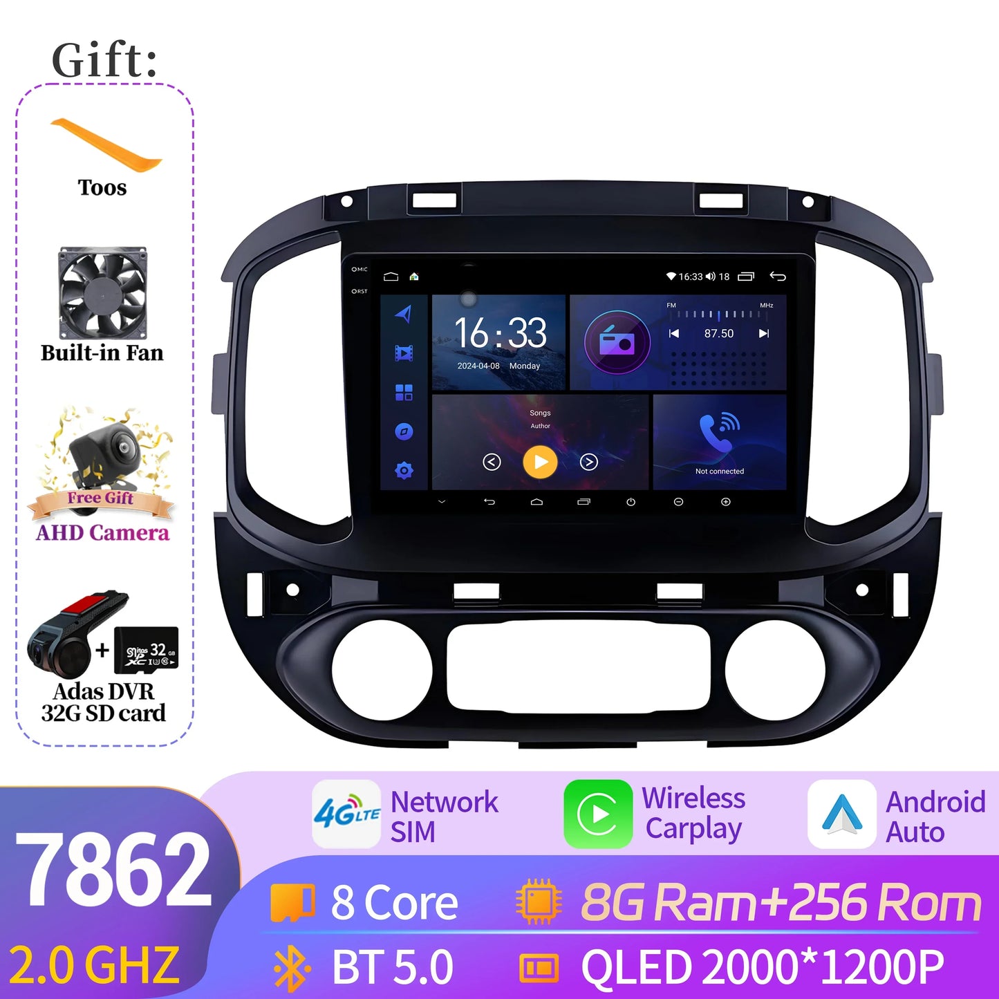 For Chevrolet Colorado-GMC Canyon 2015-2017 Car Radio Wireless BT Carplay Navigation Android 14 7862S 8G 256G 2K QLED Screen