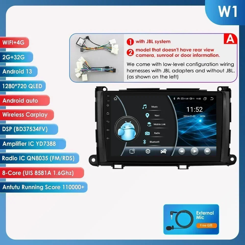 Hizpo For Toyota Sienna XL30 2010-2014 Car Radio Multimedia Video Player Navigation Stereo GPS Android Auto Carplay 8G+128GB RDS