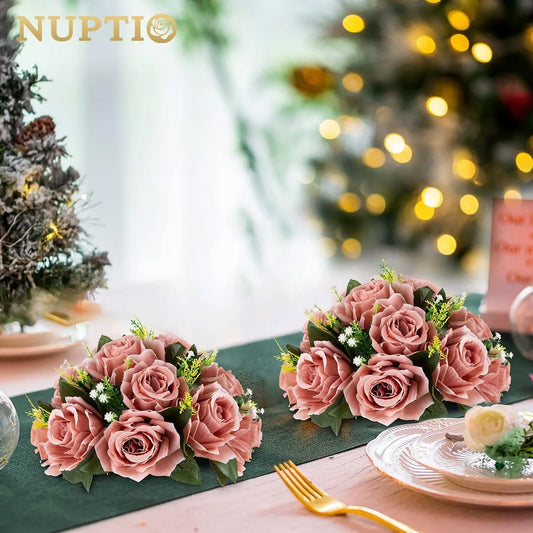 Artificial Flower Centrepieces for Tables - 10 Pcs Dusty Rose Fake Flowers Roses Balls 9.5in Diameter - Silk Faux Rose Arrangeme