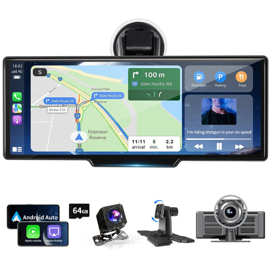 Wireless BT Car Audio Stereo Player Portable Carplay Screen with 4K Dash Cam  10" HD IPS Carplay&Android Auto Screen Mirror Link