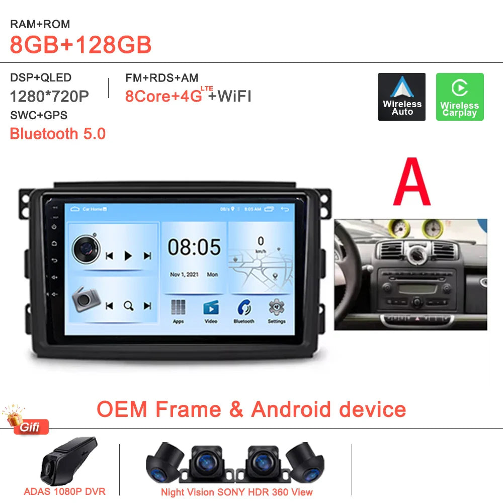 Android 14 Car For Mercedes Benz Smart Fortwo 451 2005 - 2015 Stereo Head Unit GPS Navigation Multimedia Autoradio Dash Cam DVD