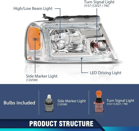 LED DRL Headlights Assembly Halogen Compatible with Ford F150 2004-2008 /Fit Lincoln Mark LT 2006-2008 HeadLamps Clear Lens Chro