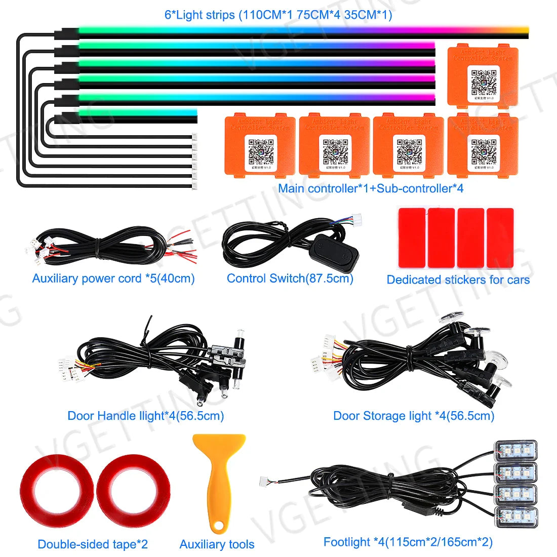 18in1 Car LED Ambient Lights Full Color Streamer Multicolour Interior Acrylic Strip Atmosphere Light APP Control RGB 64 Color