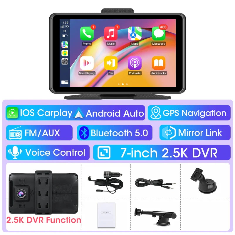 Vtopek 7" Car DVR Dash Cam Wireless Carplay & Android Auto Touch Screen Car Radio Multimedia Video Player Bluetooth Stereo GPS
