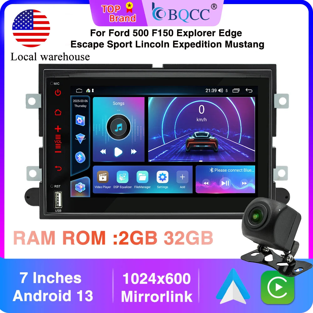 BQCC 7" Android 13 Mirrorlink 2GB 32GB Carplay WIFI GPS for Ford 500 F150 Explorer Edge Escape Sport Lincoln Expedition Mustang