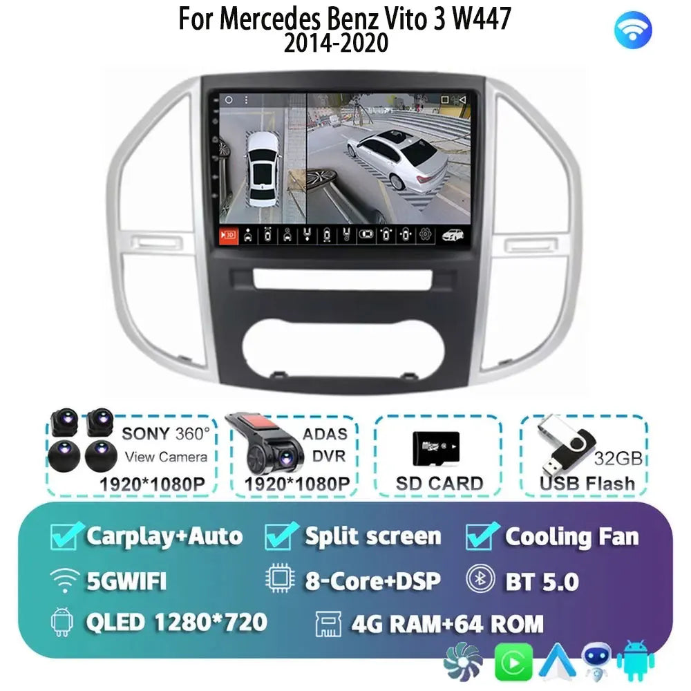 Android 14 For Mercedes Benz Vito 3 W447 2014-2020 2K QLED Android Car Radio Multimedia Video Player 4G Stereo CarPlay Head Unit