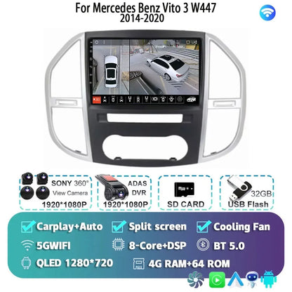 Android 14 For Mercedes Benz Vito 3 W447 2014-2020 2K QLED Android Car Radio Multimedia Video Player 4G Stereo CarPlay Head Unit