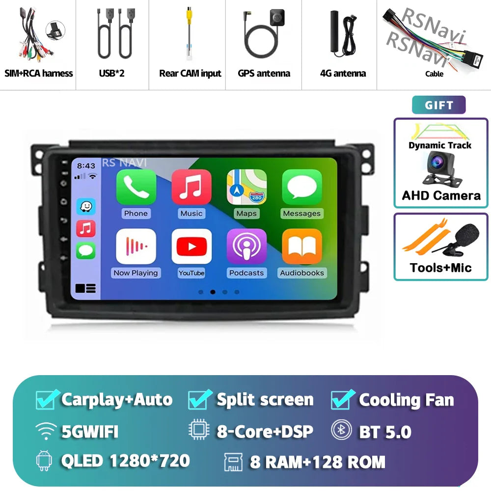 Android 14 Carplay Car Radio Multimedia For Mercedes-Benz Smart Fortwo 451 2005 - 2010 Head Unit GPS Navigation Video DVD Stereo
