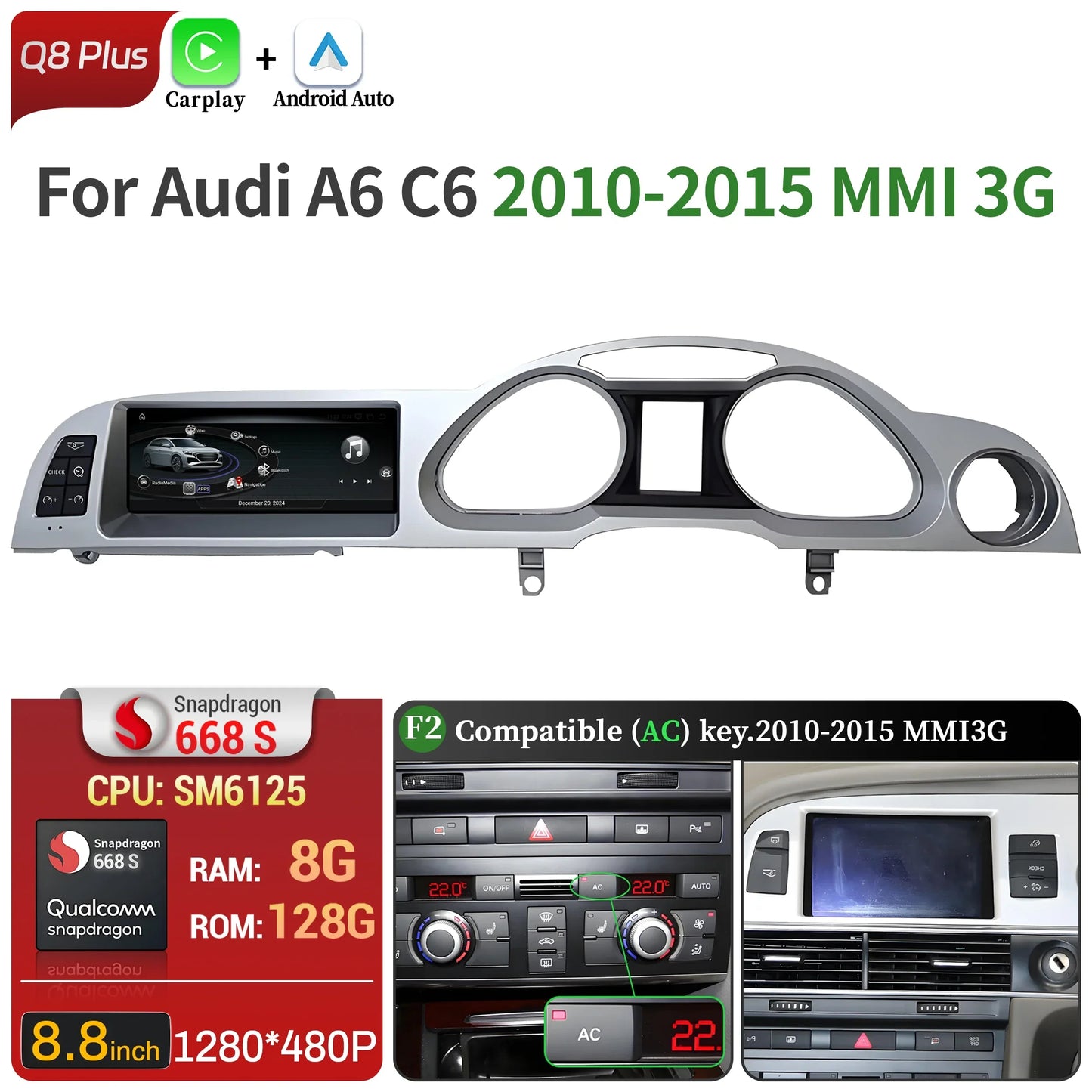 8.8 inch Right Hand Drive Android 14 For Audi A6 C6 2005-2011 Car Radio Wireless BT Carplay Qualcomm Snapdragon 680 Touch Screen