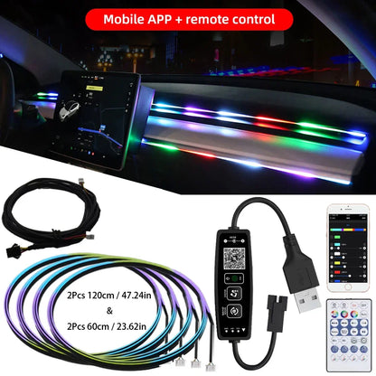 For Tesla Model 3 Y 120cm/47.24inch Car USB Ambient Lights LED Interior Sound Control RGB Symphony Atmosphere Lamp APP Remote