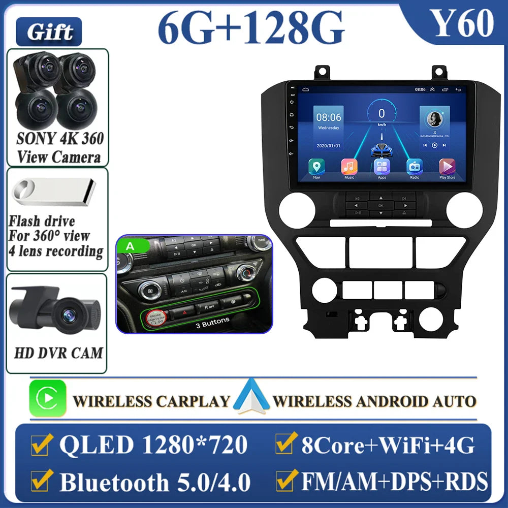 Android 14 Carplay FOR FORD Mustang S550 2014-2021 Multimedia Car Player Navigation Screen GPS Radio No 2 Din Stereo Head Unit