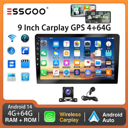ESSGOO 9Inch 2 DIN Car Stereo Radio Wirless Carplay Android Auto Car Stereo Bluetooth 64G GPS Navigation RDS WiFi USB FM DAB+CAM
