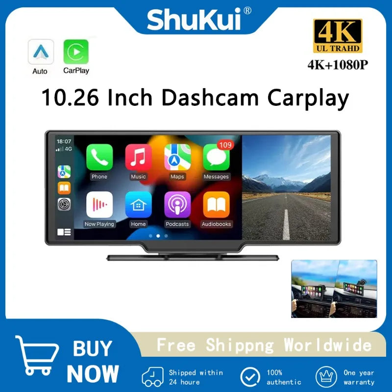 10.26"Car DVR with CarPlay&Android Auto,4K(3840*2160) Front and 1080P RearCamera,VoiceControl,BT,FM,GPS Recorder,DualLensDashcam