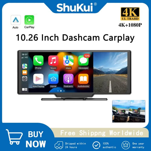 10.26"Car DVR with CarPlay&Android Auto,4K(3840*2160) Front and 1080P RearCamera,VoiceControl,BT,FM,GPS Recorder,DualLensDashcam