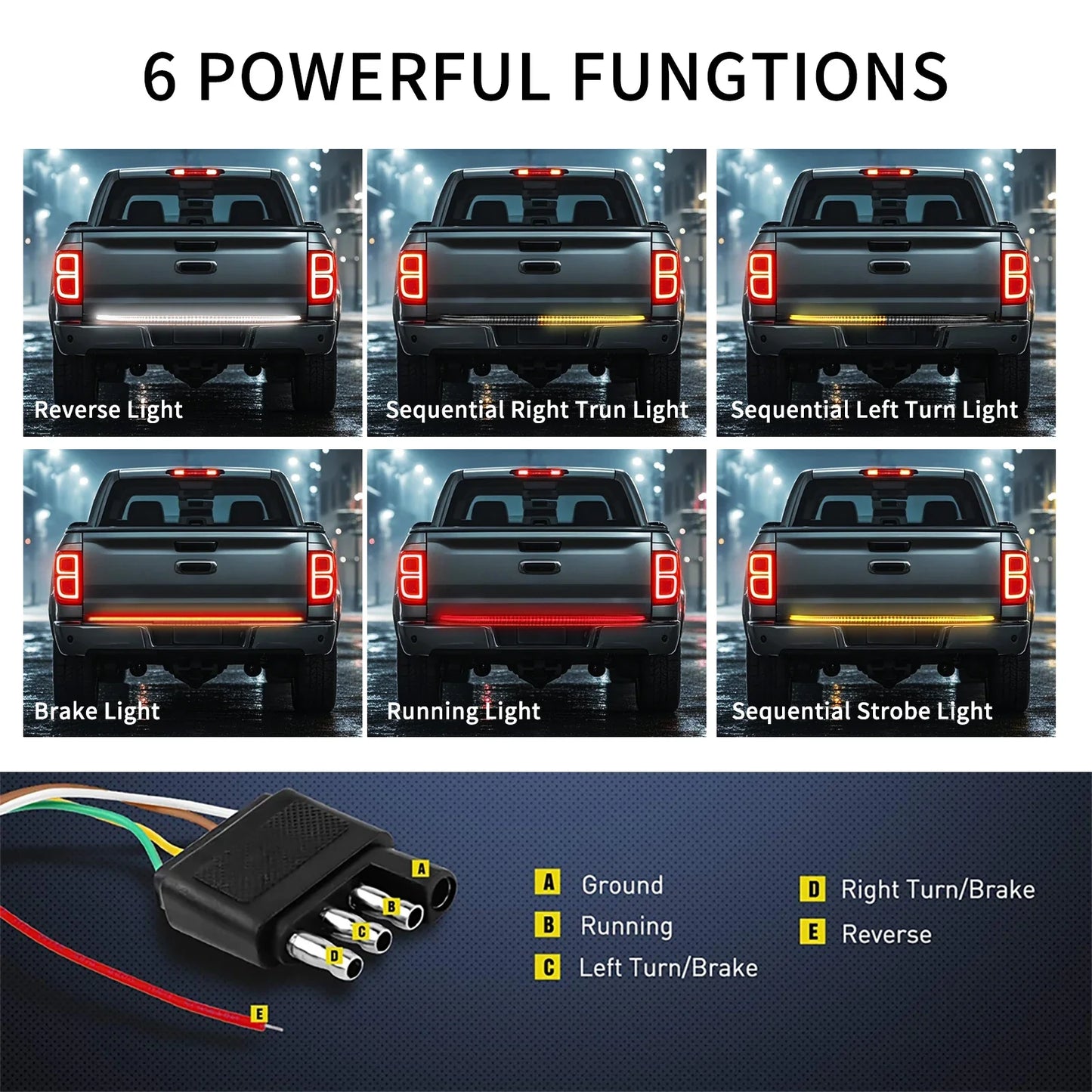 Tailgate Light bar 1.5 Meter Triple Row LED Strip for Pickup Trailer SUV RV Red Brake White Reverse Sequential Amber Turning