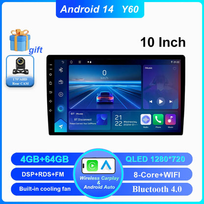Android 14 CarPlay car radio Android Auto GPS multimedia player 2 DIN universal 9/10 inch Car stereo WiFi player QLED Screen BT