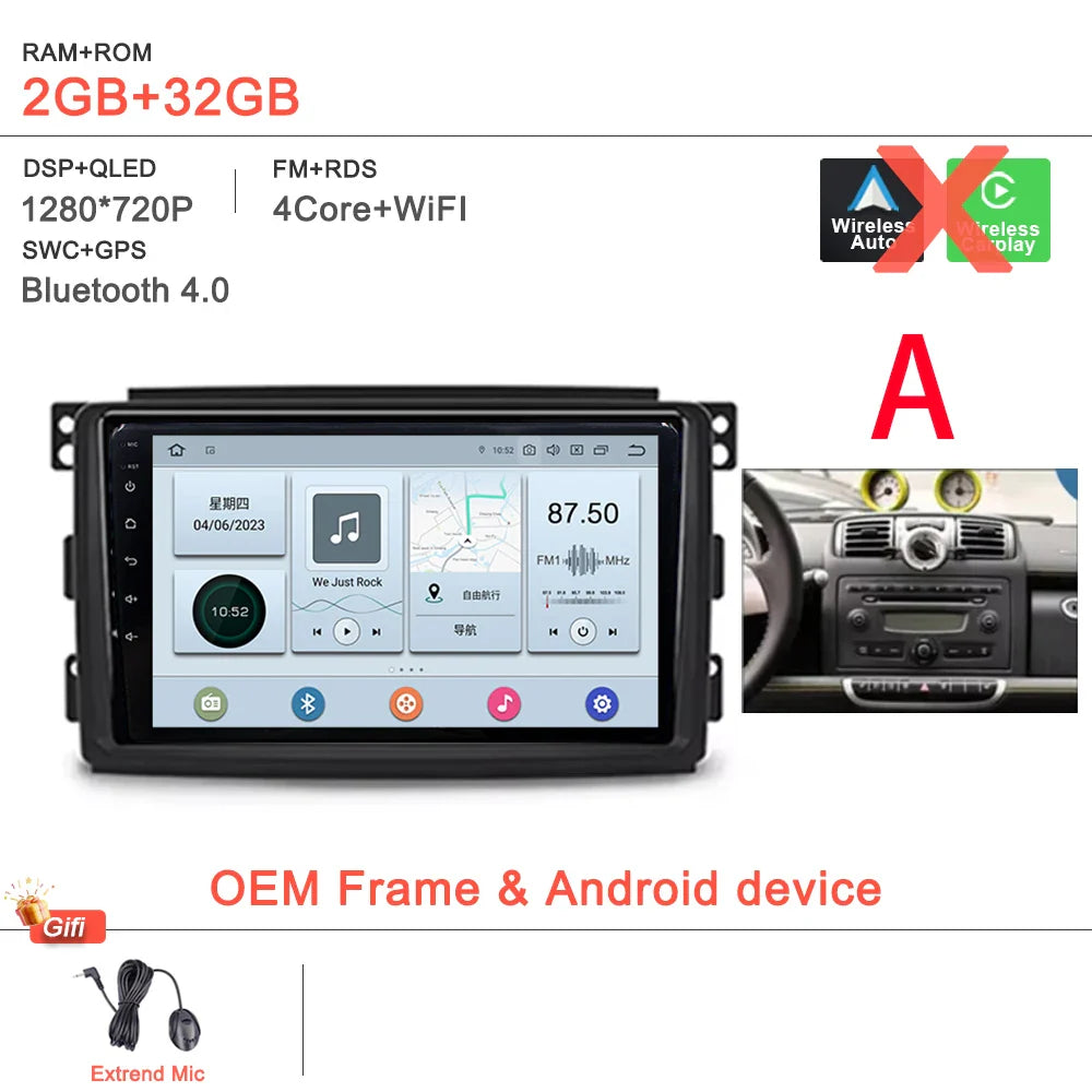 Android 14 Car For Mercedes Benz Smart Fortwo 451 2005 - 2015 Stereo Head Unit GPS Navigation Multimedia Autoradio Dash Cam DVD