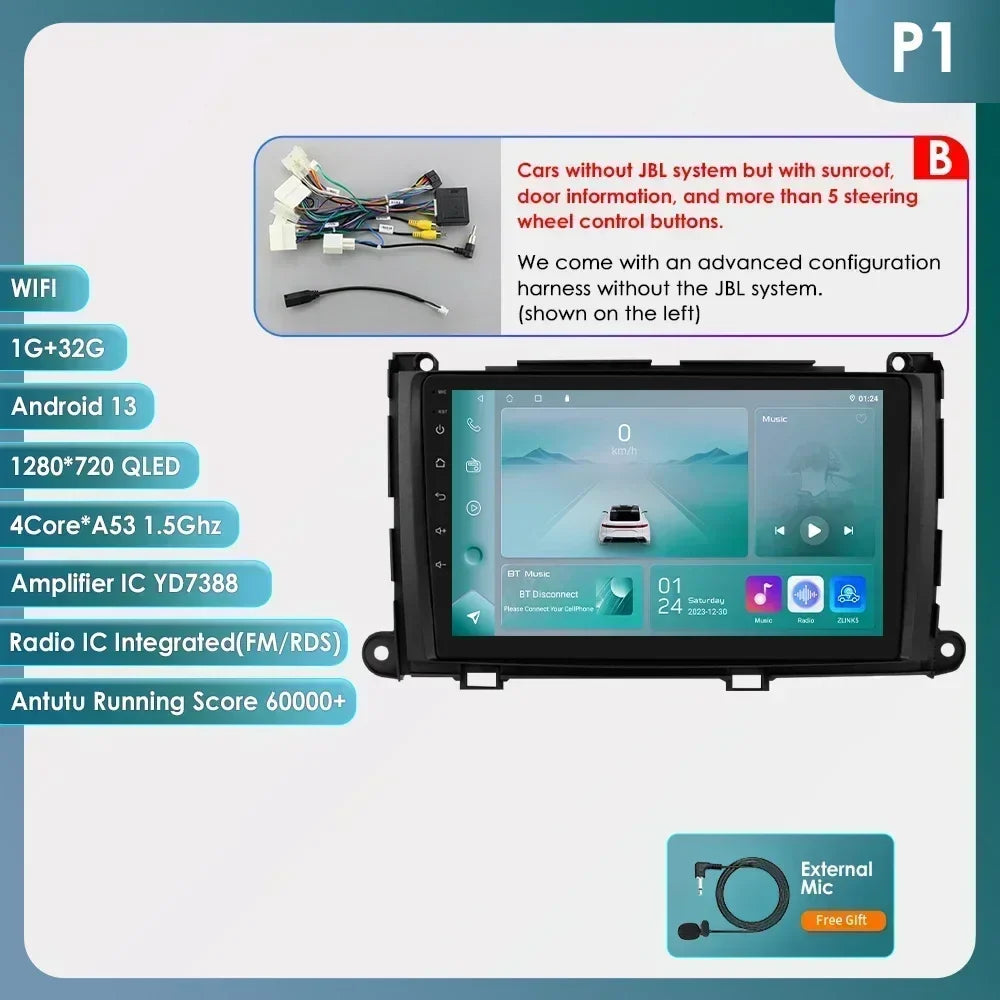 Hizpo For Toyota Sienna XL30 2010-2014 Car Radio Multimedia Video Player Navigation Stereo GPS Android Auto Carplay 8G+128GB RDS