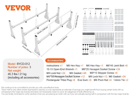 VEVOR Trailer Ladder Rack Adjustable Roof Rack 2/3 Crossbars Van Roof Ladder Rack Fit for Chevrolet 1500 / Ford E150 /GMC Savana