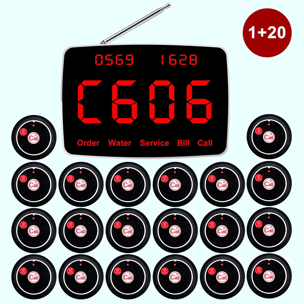 Wireless Waiter pager System Restaurant Smart Voice Broadcast 20 Call Buttons for Bar, Office, Cafe, and Customer Service Bell