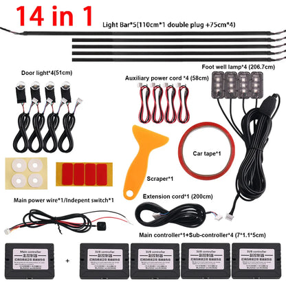 14 in 1 RGB LED Atmosphere Car Light Interior Decoration Fiber Strip Light By App Control Decorative Ambient Lamp Dashboard Lamp