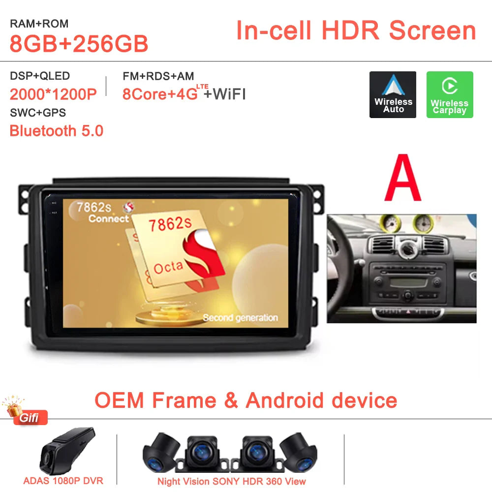 Android 14 Car For Mercedes Benz Smart Fortwo 451 2005 - 2015 Stereo Head Unit GPS Navigation Multimedia Autoradio Dash Cam DVD