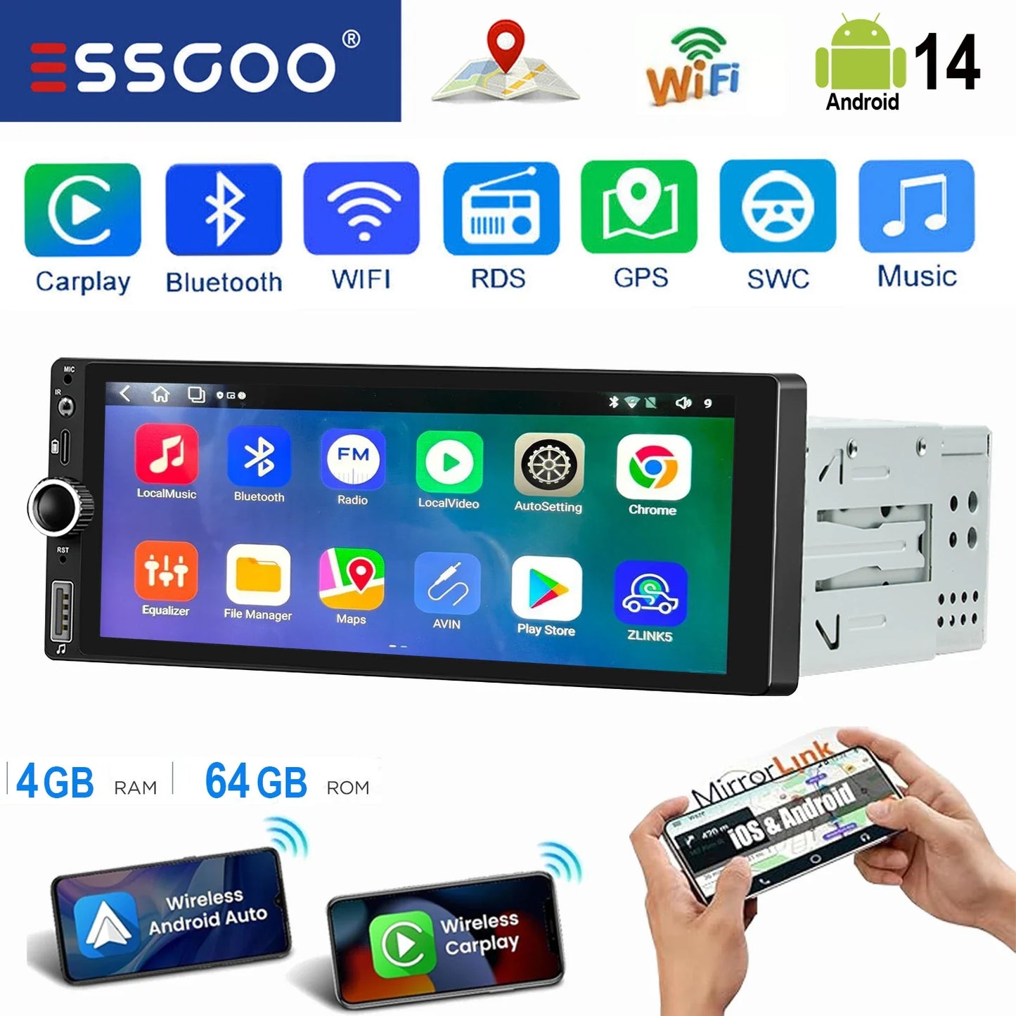 ESSGOO 6.86" Android 14 4+64G Universal Single DIN Car Stereo Radio CarPlay Android Auto BT USB SWC Wifi FM GPS Navi Mirror link