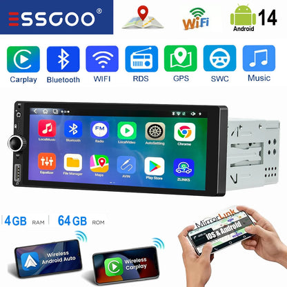 ESSGOO 6.86" Android 14 4+64G Universal Single DIN Car Stereo Radio CarPlay Android Auto BT USB SWC Wifi FM GPS Navi Mirror link