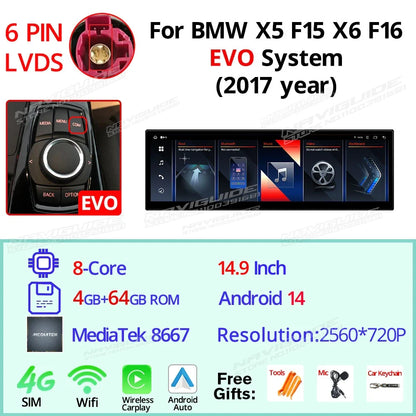 NAVIGUIDE 14.9'' Wireless CarPlay Auto For BMW X5 F15 X6 F16 2014-2017 NBT EVO System Car GPS Navi Multimedia Player Android 14