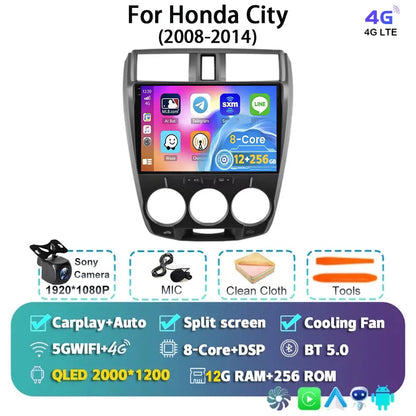 Android 14 Carplay Auto GPS For Honda City 2008 2009 2010 - 2014 Car Radio DSP Multimedia WIFI+4G Head Unit Video Stereo Player