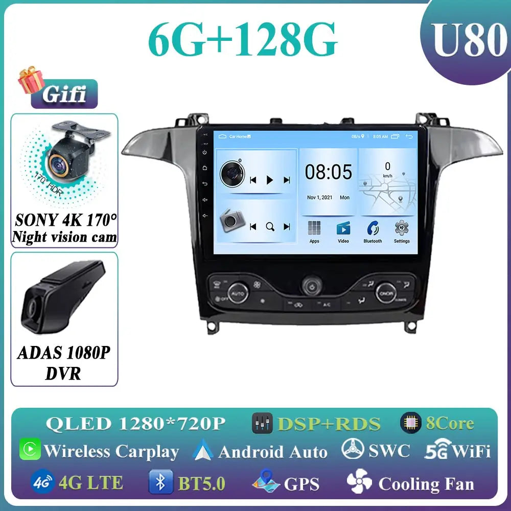Android 14 Auto radio For Ford S Max S-MAX 2006-2015 For Ford Galaxy 2014 Carplay Multimedia Video player Navigation GPS No 2din