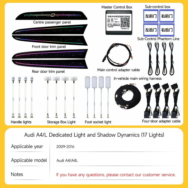 LED Ambient Lights For Audi A4 A4L 2009-2023 Models 64 Colors Rainbow Atmosphere Lamps APP/ Car Play/Car Radio Control