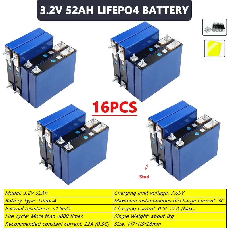 Hot sale 3.2V 52Ah 55Ah LiFePO4 battery 3000+cycles  3C Grade A DIY 12v 24v 48v E-boat Car motor RV Inverter Solar Light