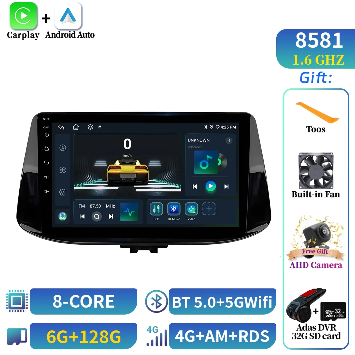 For Hyundai i30 2017 2018 CarPlay Car Radio Multimedia Player Navigation Wireless BT Carplay Android 14 Stereo 2K QLED Screen