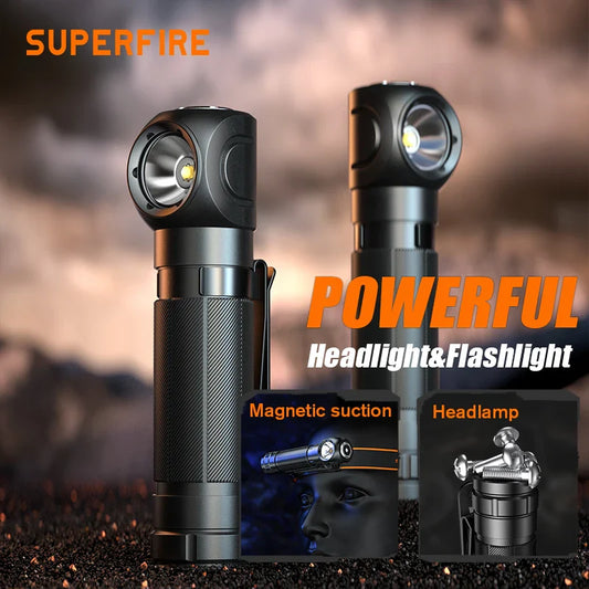SUPERFIRE High Power LED Headlamp USB Rechargeable 90° Headlight Camping Torch with Power Indicator Magnet Tail Head Flashlight