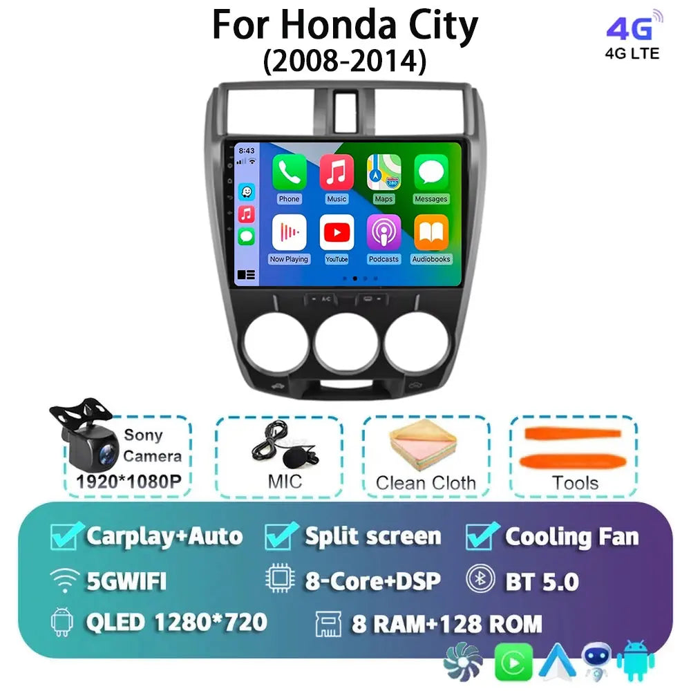 Android 14 Carplay Auto GPS For Honda City 2008 2009 2010 - 2014 Car Radio DSP Multimedia WIFI+4G Head Unit Video Stereo Player