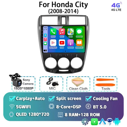 Android 14 Carplay Auto GPS For Honda City 2008 2009 2010 - 2014 Car Radio DSP Multimedia WIFI+4G Head Unit Video Stereo Player