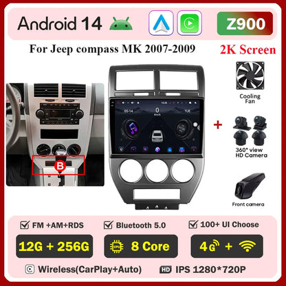 Android 14 Car For Dodge Caliber 2007-2010 For Jeep compass MK 2007-2009 stereo Radio Wireless Carplay Android Auto Radio Stereo
