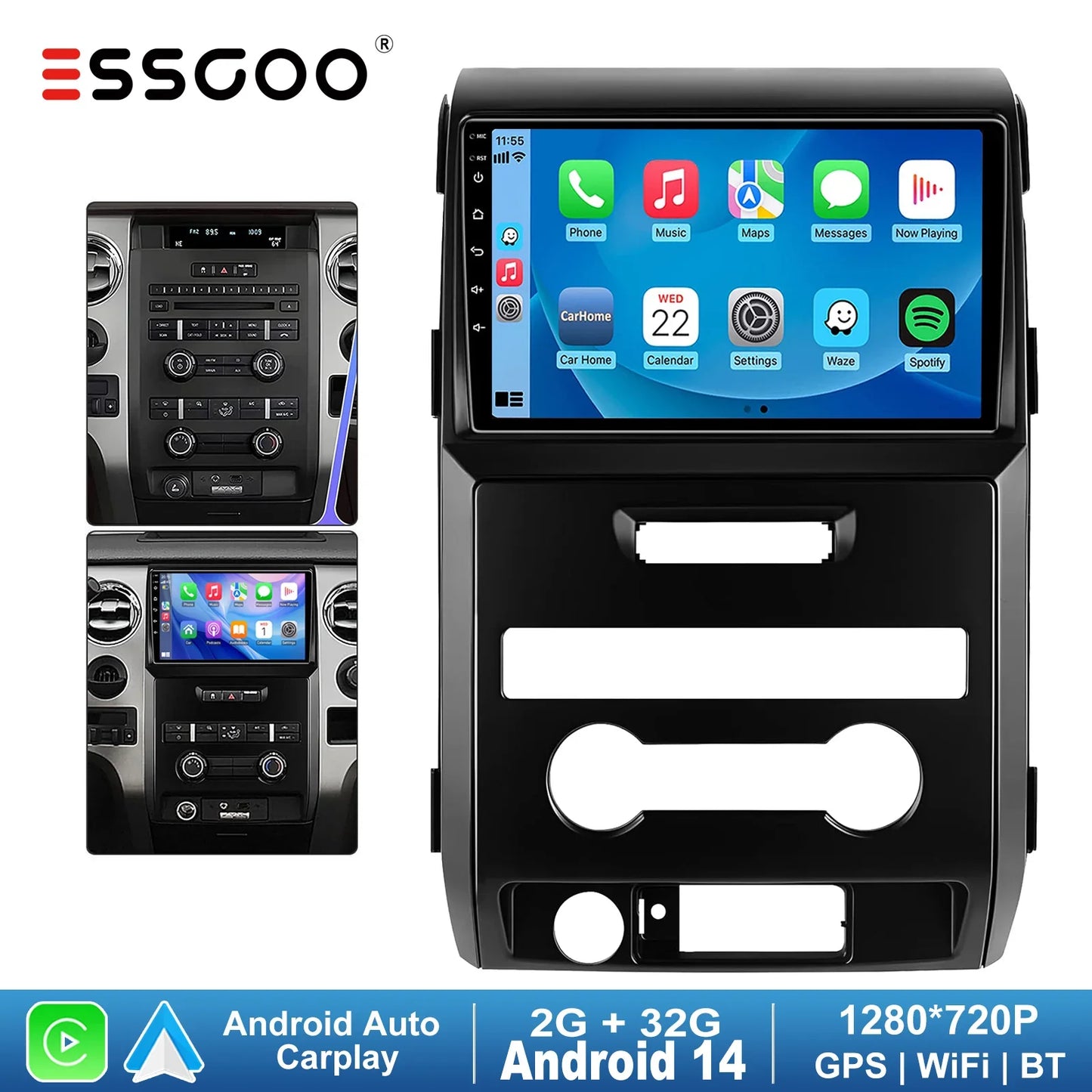 ESSGOO 9" Wireless Carplay Android 14 Auto Car Stereo Multimedia Player Radio GPS Nav Wifi BT USB FM SWC For Ford F150 2009-2014