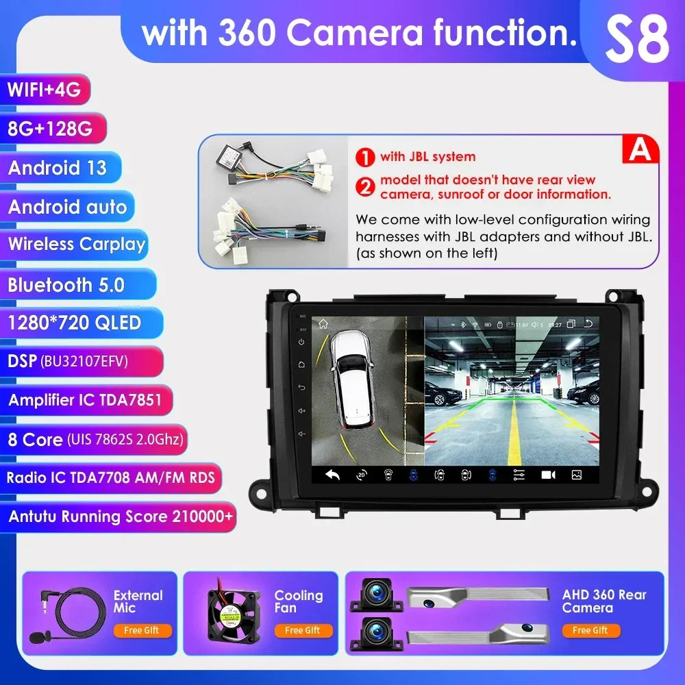 Hizpo For Toyota Sienna XL30 2010-2014 Car Radio Multimedia Video Player Navigation Stereo GPS Android Auto Carplay 8G+128GB RDS